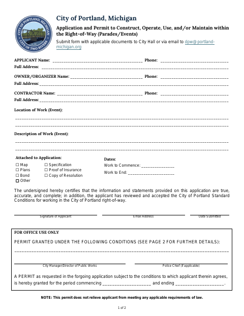 First page of the Right-of-Way Parades and Events Permit Application