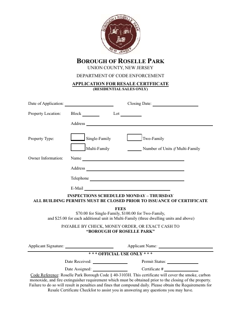 First page of the Residential Resale Certificate Application