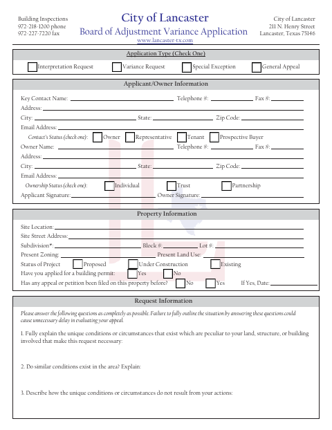 First page of the Board of Adjustment Variance Application