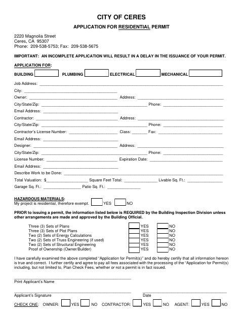 First page of the Application for Residential Permit