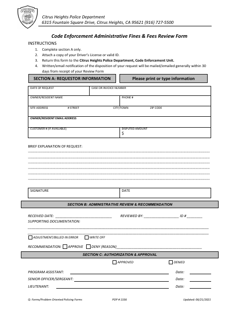 First page of the Code Enforcement Administrative Fines & Fees Review Form