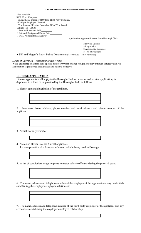 First page of the Solicitors and Canvassers License Application