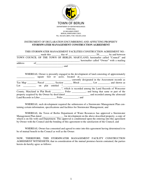 First page of the Stormwater Management Construction Agreement