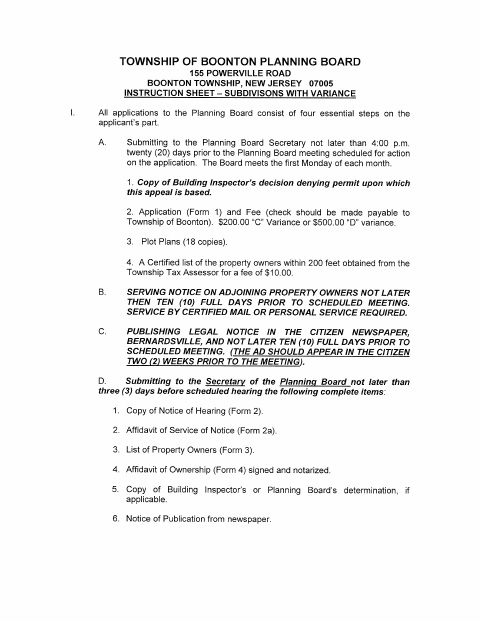 First page of the Variance Application for Subdivisions