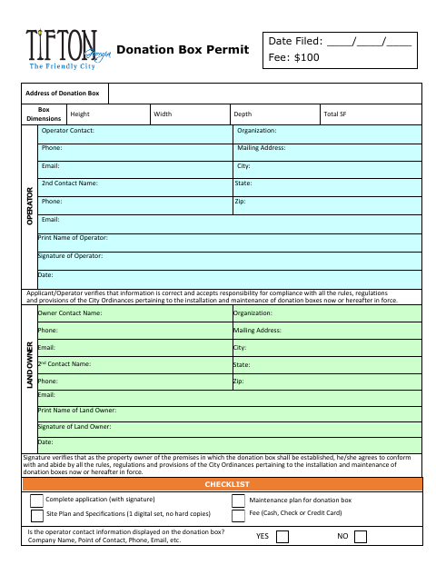 First page of the Donation Box Permit