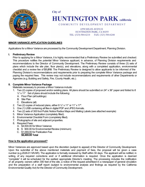First page of the Minor Variance Application