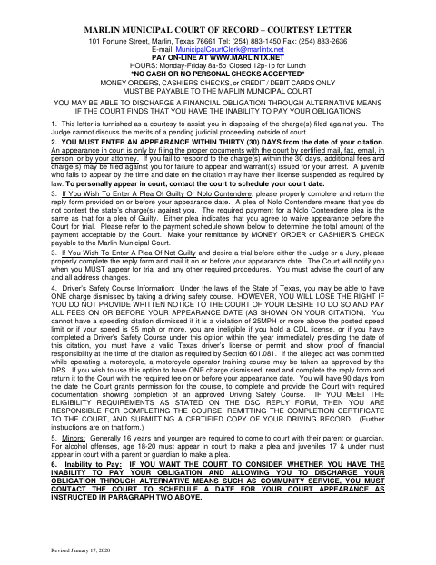 First page of the Municipal Court Courtesy Letter and Reply Forms