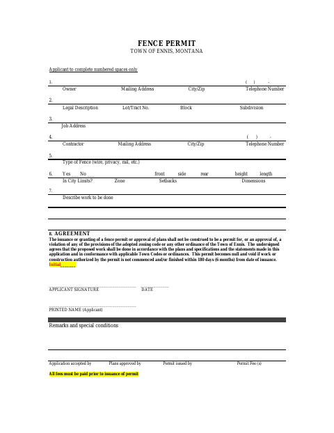 First page of the Fence Permit Application