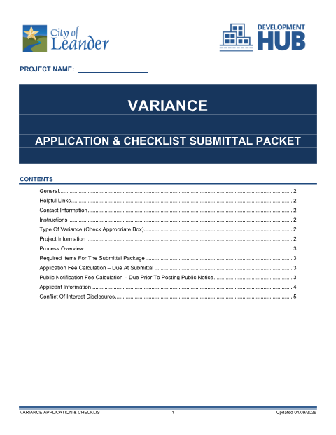 First page of the Variance Application Submittal Packet