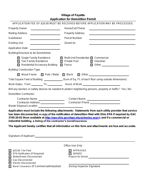 First page of the Application for Demolition Permit