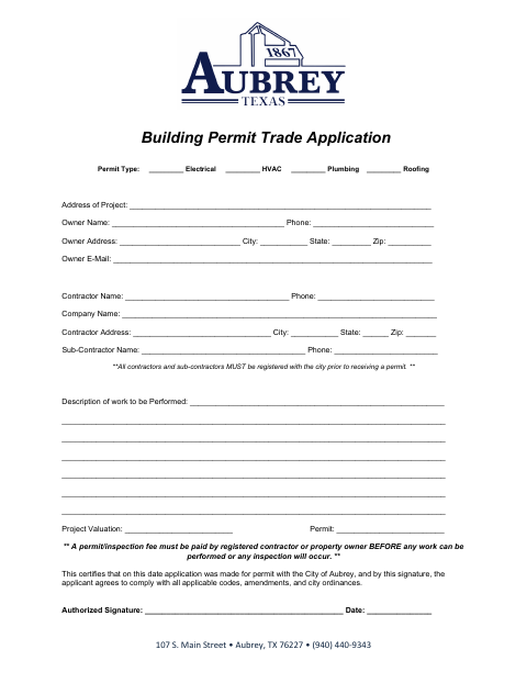 First page of the Building Permit Trade Application