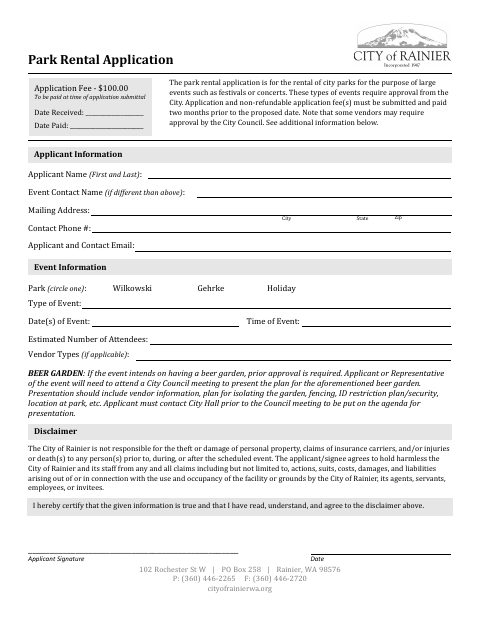 First page of the Park Rental Application