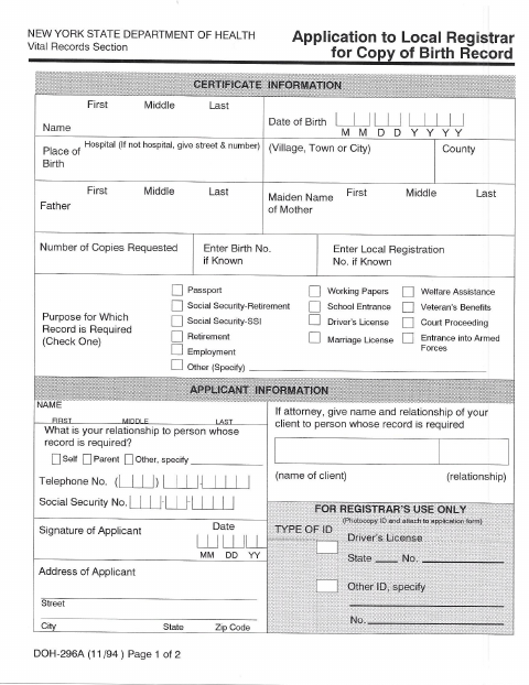 First page of the Application for Copy of Birth Record