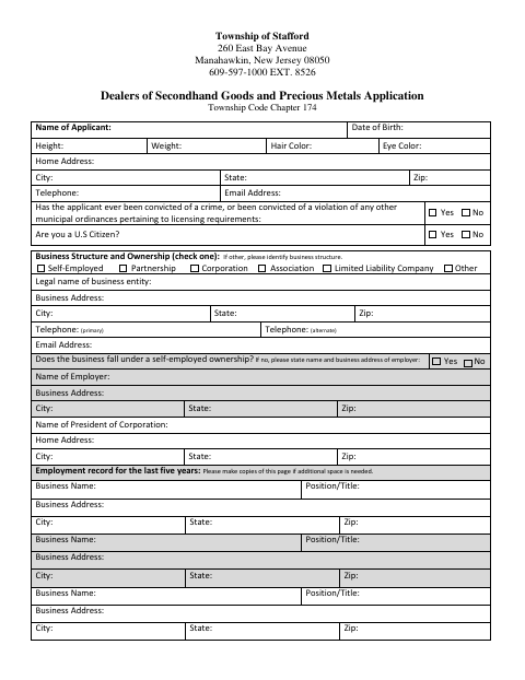 First page of the Second Hand Dealer Permit Application