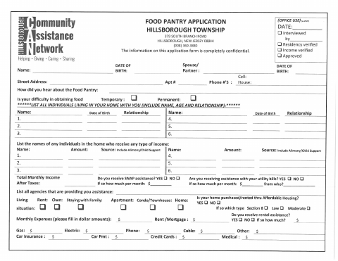 First page of the Food Pantry Application (English)