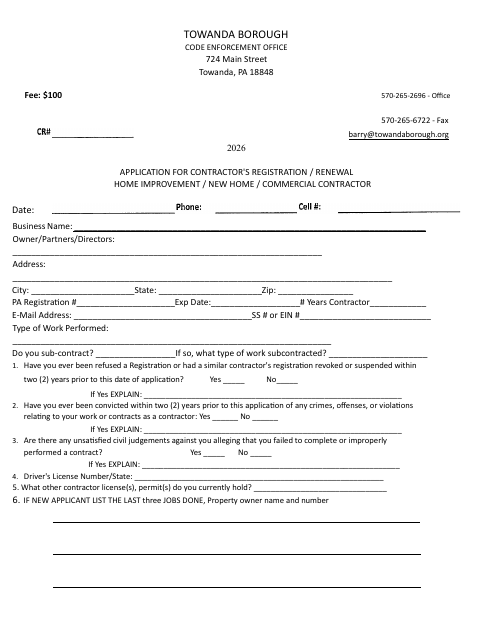 First page of the Contractor Registration and Renewal Application