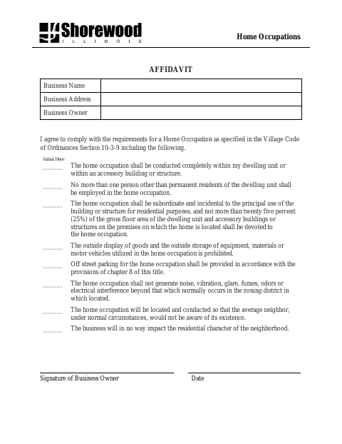 First page of the Home Occupations Affidavit