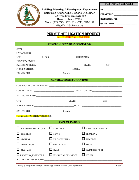 First page of the Permit Application Request
