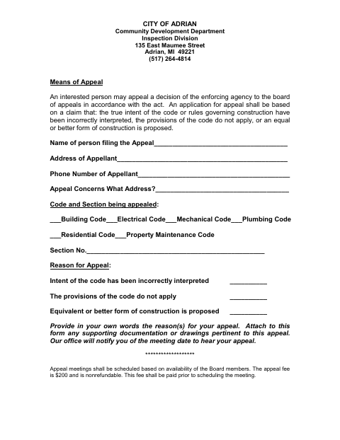 First page of the Construction Board of Appeals Application