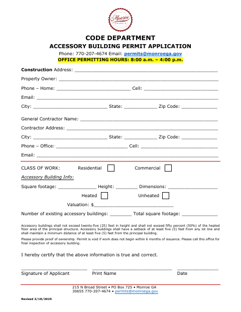 First page of the Accessory Building Permit Application