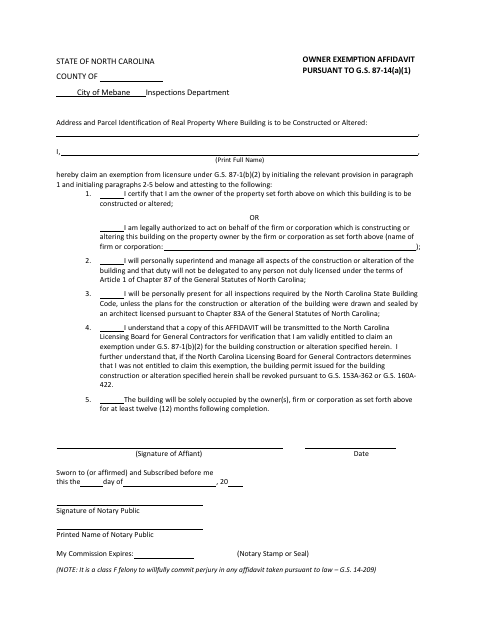First page of the Owner Exemption Affidavit