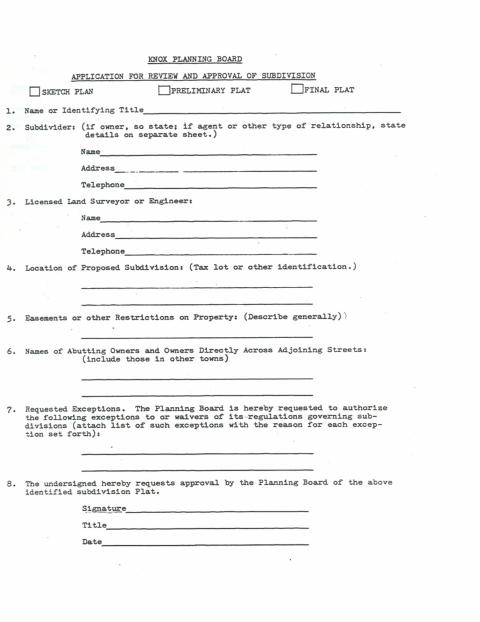 First page of the Subdivision Approval Application