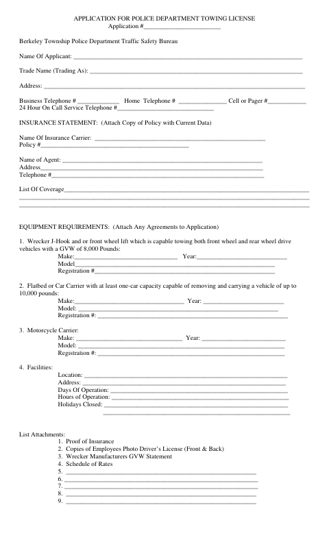 First page of the Police Department Towing License Application