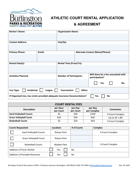 First page of the Athletic Court Rental Application & Agreement