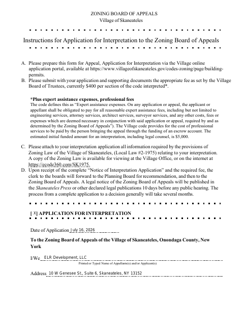 First page of the Zoning Board Interpretation Application