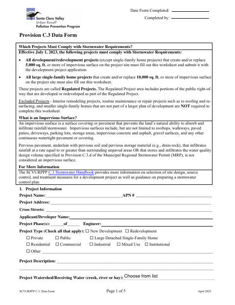 First page of the C3 Low Impact Development (LID) Impervious Surface Data Form
