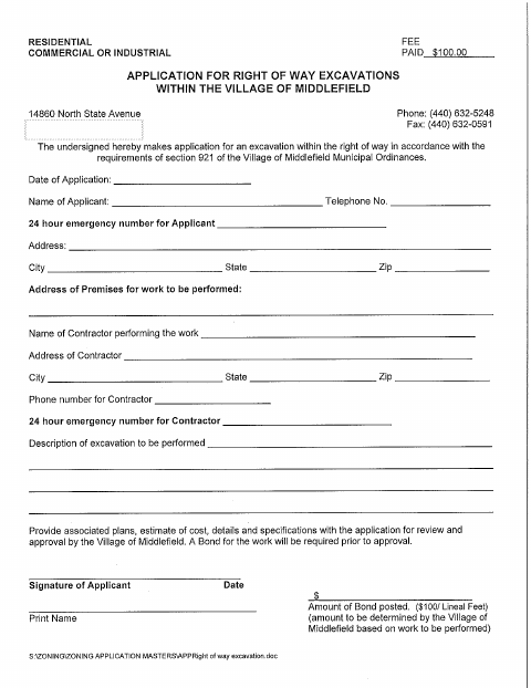 First page of the Right-of-Way Excavation Permit Application