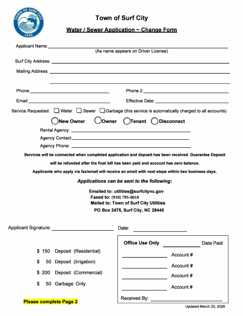 First page of the Water and Sewer Application and Change Form