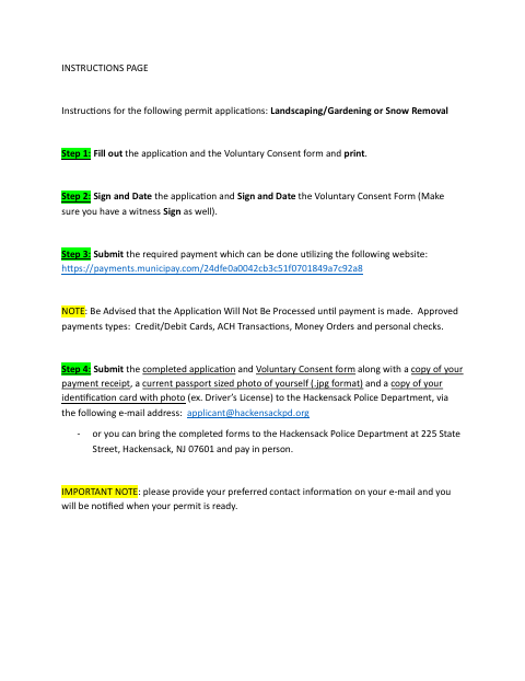First page of the Landscaping/Gardening or Snow Removal Permit Application