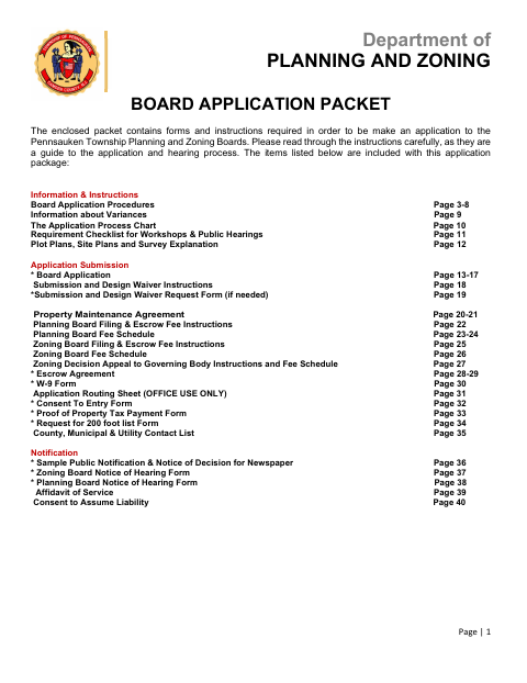 First page of the Planning and Zoning Board Application Packet