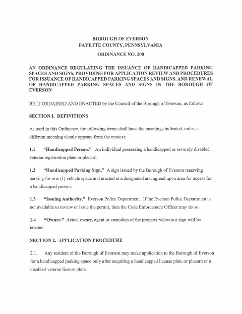 First page of the Application for Handicapped Parking Sign