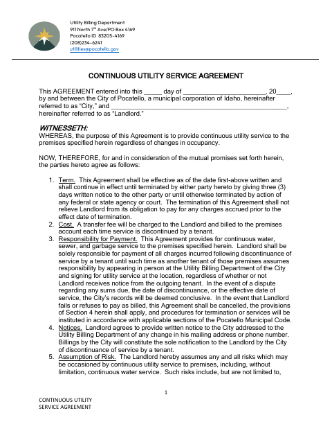 First page of the Continuous Utility Service Agreement