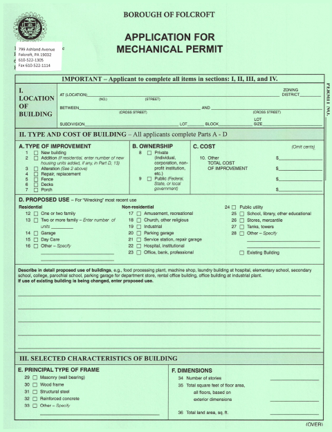 First page of the Mechanical Permit Application