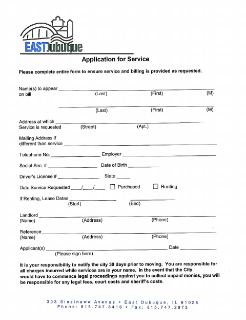 First page of the Application to Start Service