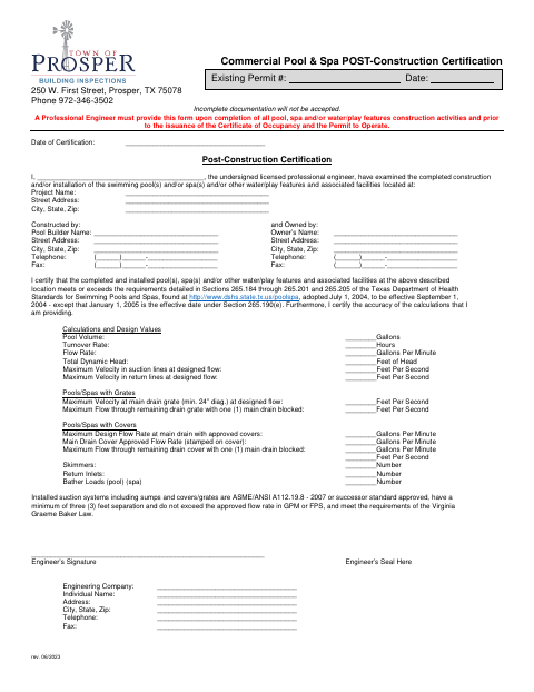 First page of the Commercial Pool & Spa Post-Construction Certification