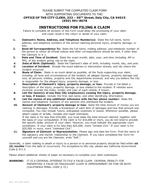 First page of the Claim Against the City of Daly City