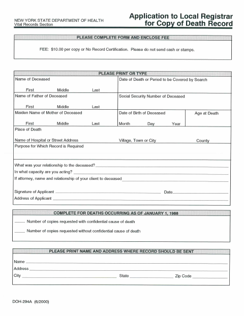 First page of the Application for Copy of Death Record