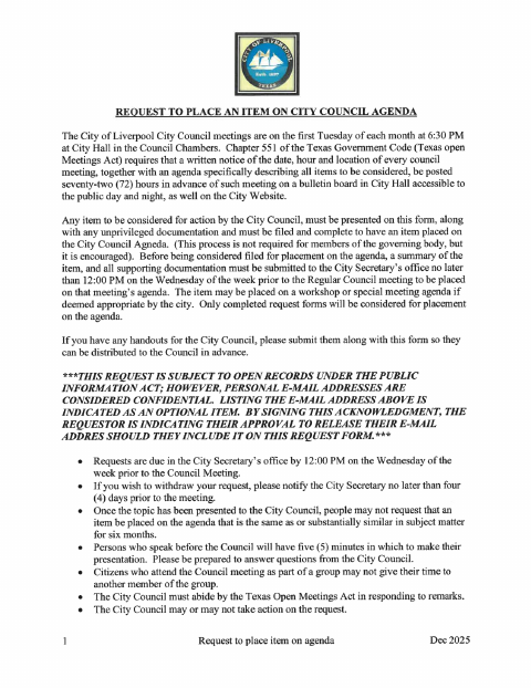 First page of the Request to Place an Item on the City Council Agenda