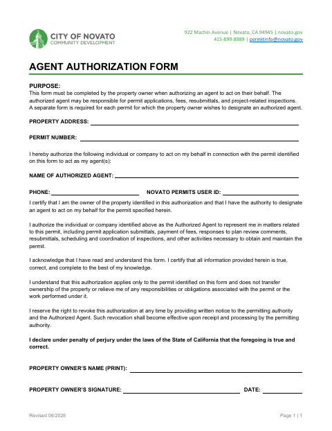 First page of the Agent Authorization Form for Permits