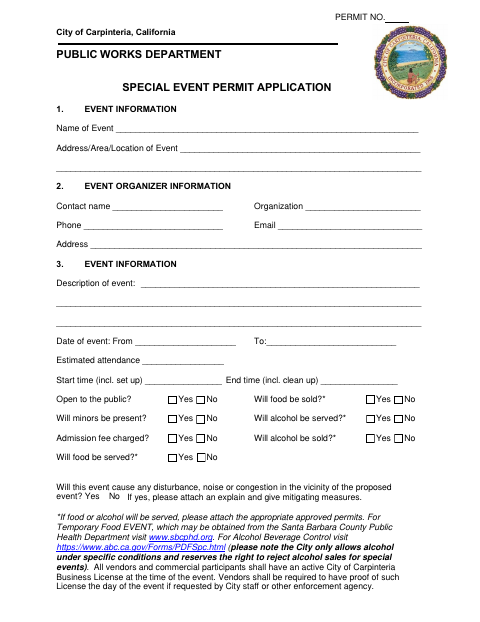 First page of the Special Event Permit Application