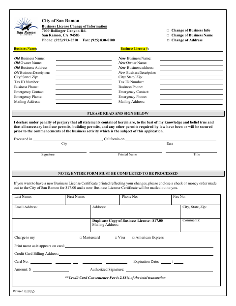 First page of the Business License Change of Information
