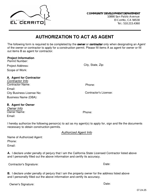 First page of the Authorization to Act as Agent