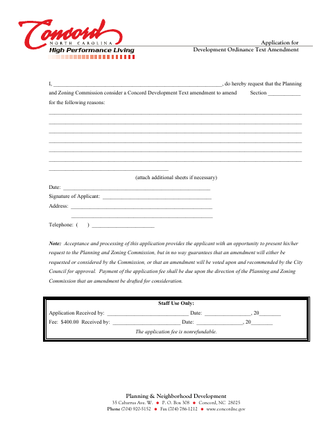 First page of the Application for Development Ordinance Text Amendment