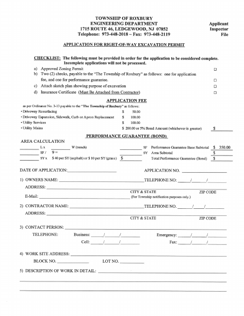 First page of the Right of Way Excavation Permit