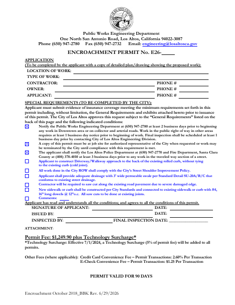 First page of the Encroachment Permit Application Form