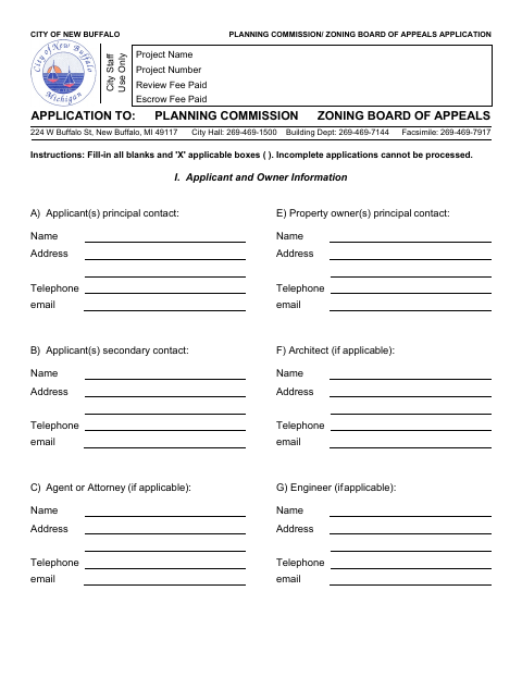 First page of the Planning Commission and Zoning Board of Appeals Application